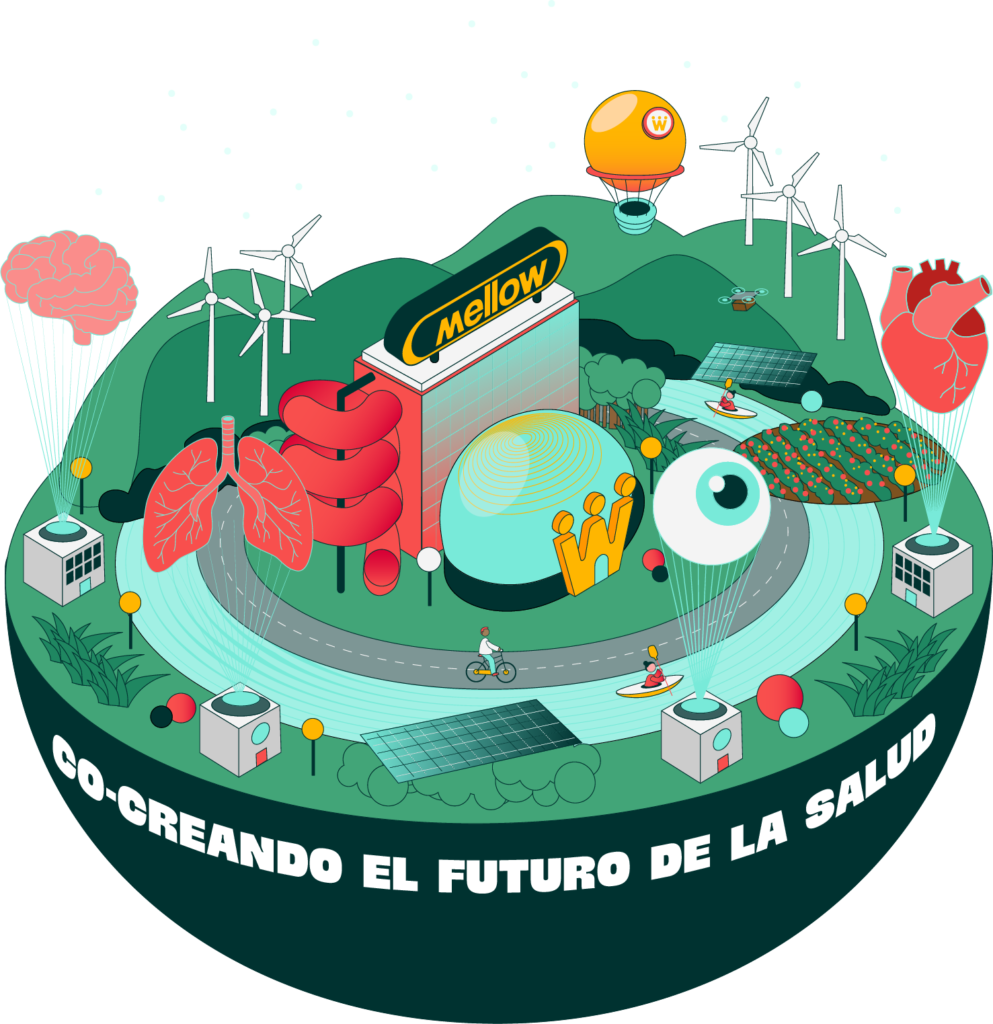 Ilustraación de un mundo flotante con una ciudad avanzada