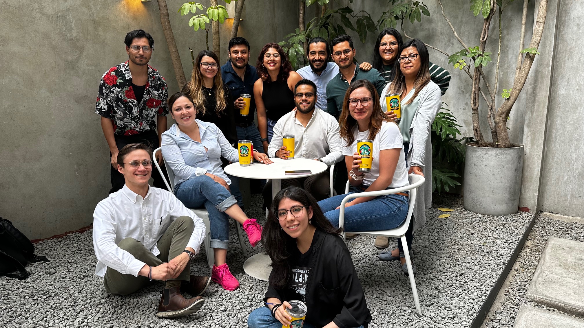 Foto del equipo detrás de Mellow sentado en un patio